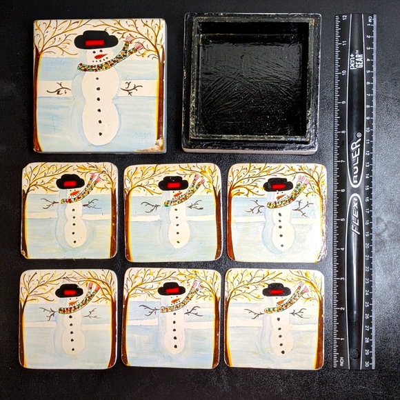 Painted Snowman Coasters Six with Box - Picture 2 of 4